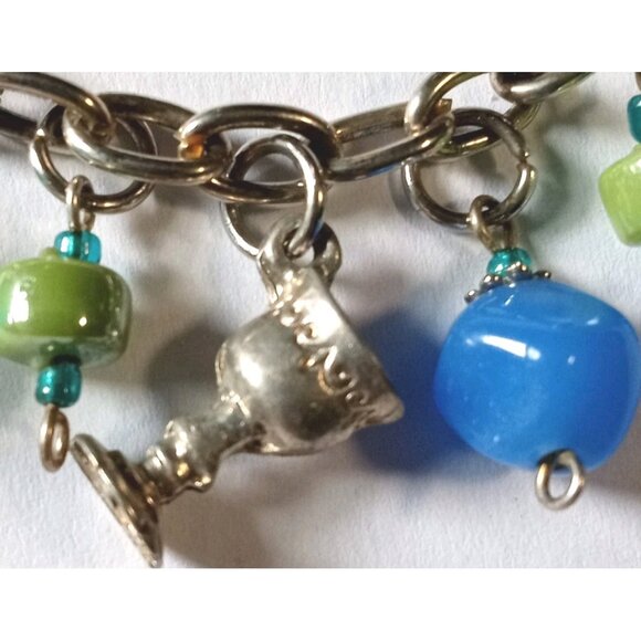 Vintage Art Glass Christian Symbols Charm Bracelet Silver Tone Chain Beads - Picture 4 of 14